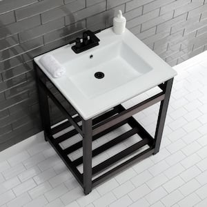 25 in. Ceramic Console Sink (4 in. in 3-Hole) with Stainless Steel Base in Oil Rubbed Bronze