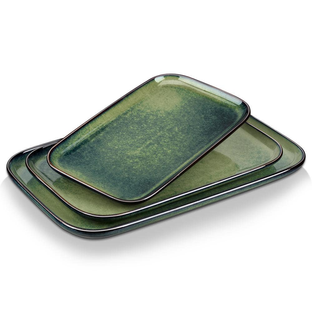 MALACASA Green Serving Platter and Tray Set Stoneware Serving Plates Set of 3 Rectangular Serving Dish for Desserts Side Dishes