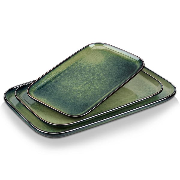 Green Serving Platter and Tray Set Stoneware Serving Plates Set of 3 Rectangular Serving Dish for Desserts Side Dishes