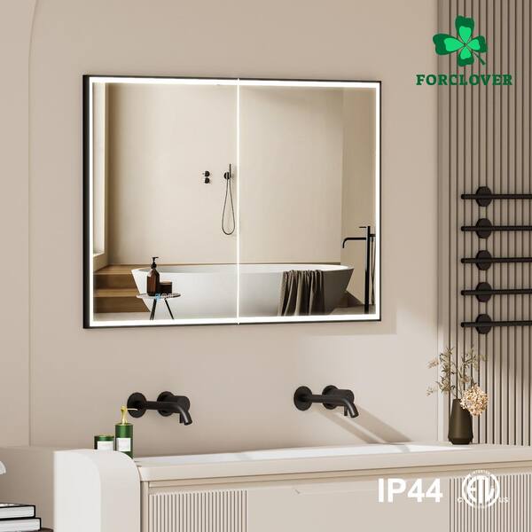 Forclover 48-in x 32-in Lighted LED Fog Free Surface/Recessed Mount Silver Mirrored Soft Close Medicine Cabinet with Outlet