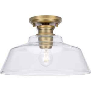 Singleton 14 in. 1-Light Vintage Brass Medium Semi-Flush Mount Light with Clear Glass Shade