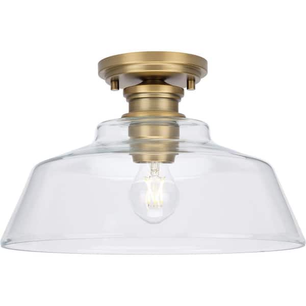 Progress Lighting Singleton 14 in. 1-Light Vintage Brass Medium Semi-Flush Mount Light with Clear Glass Shade