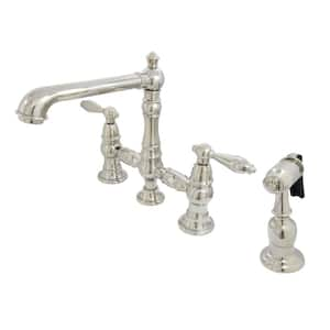 English Country 2-Handle Bridge Kitchen Faucet with Side Sprayer in Polished Nickel