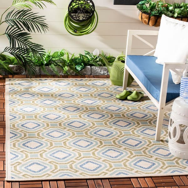Veranda Cream/Green 8 ft. x 11 ft. Geometric Indoor/Outdoor Patio  Area Rug