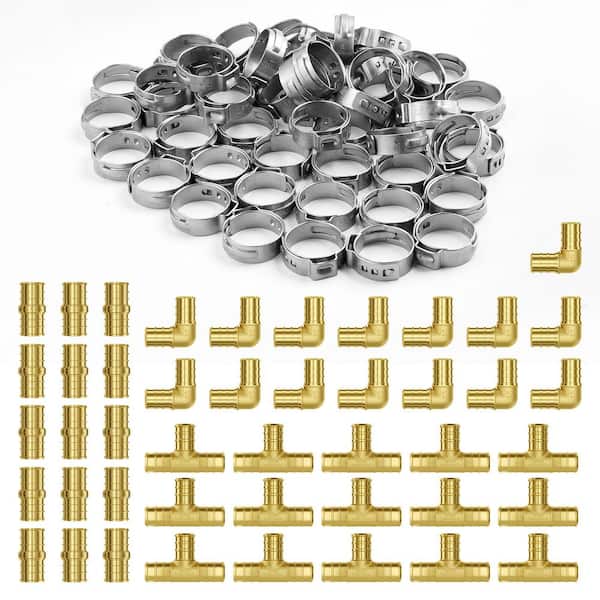 VEVOR Pipe Fittings, 1/2 in. 45 PCS (15 x Straight, 15 x Elbows, 15 x Tees) Brass Pipe Fittings, Push-Fit Pipe Connector