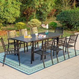 9-Piece Metal Outdoor Dining Set with Extensible Rectangular Carve Pattern Table and Elegant Stackable Chairs