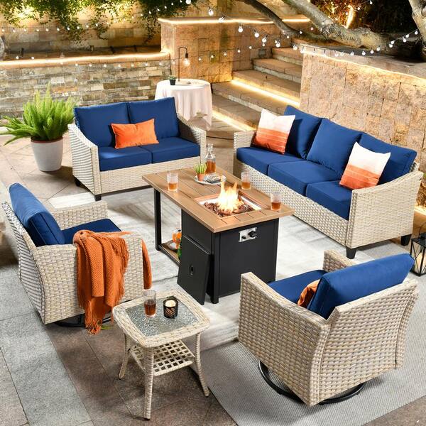 HOOOWOOO Oconee 6-Piece Wicker Outdoor Patio Fire Pit Conversation Sofa Loveseat Set with Swivel Chairs and Navy Blue Cushions