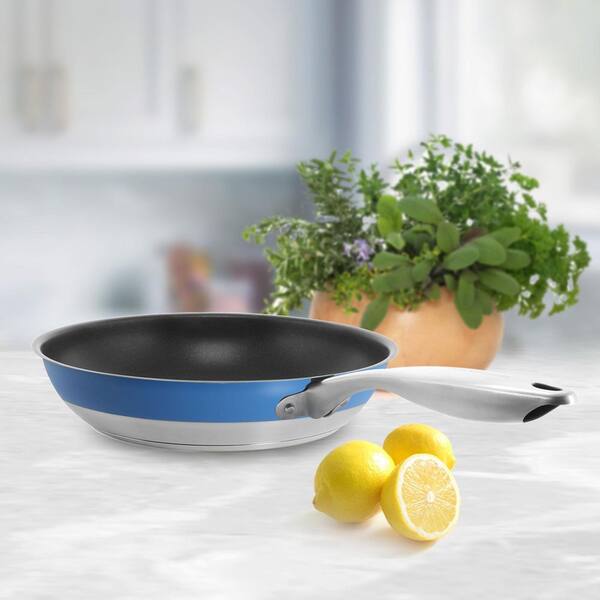https://images.thdstatic.com/productImages/80523f84-fe0b-4aae-a5f9-c3a385707449/svn/brushed-stainless-steel-with-blue-cove-band-chantal-skillets-slhx63-20ns-bc-31_600.jpg