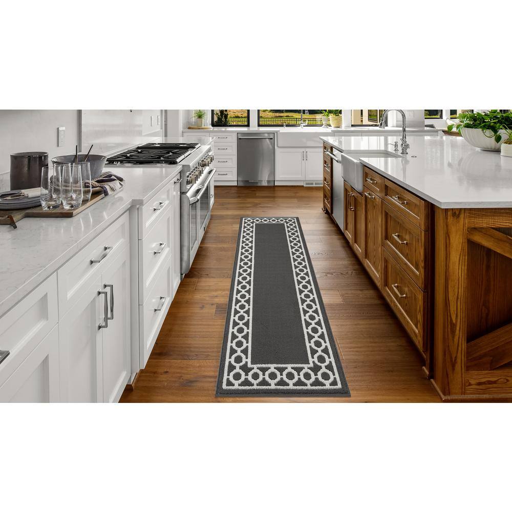 Dark Grey and White Tufted Trellis Runner Rug, 26" x 72"