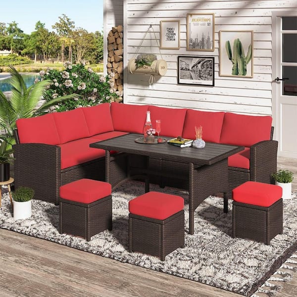 Brown 7-Piece Wicker Patio Conversation Set with Red Cushions