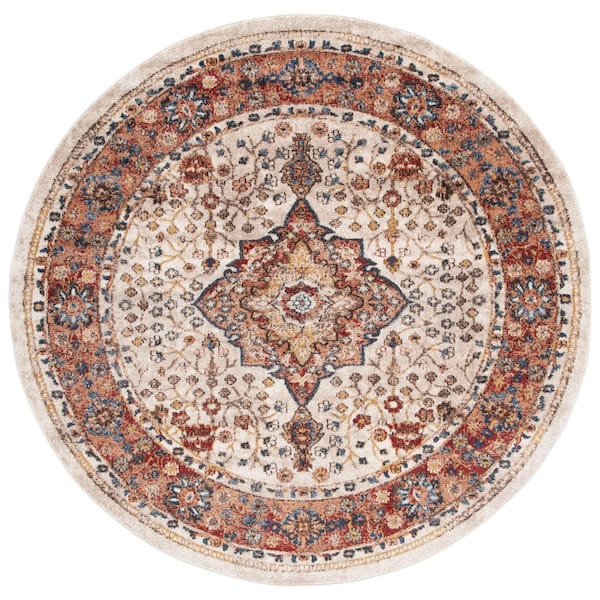 Bijar 8 ft. x 8 ft. Round Ivory/Rust Border Distressed Medallion Area Rug
