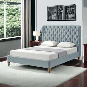 Blue Wood Frame Twin Panel Bed with Tufted; Upholstered