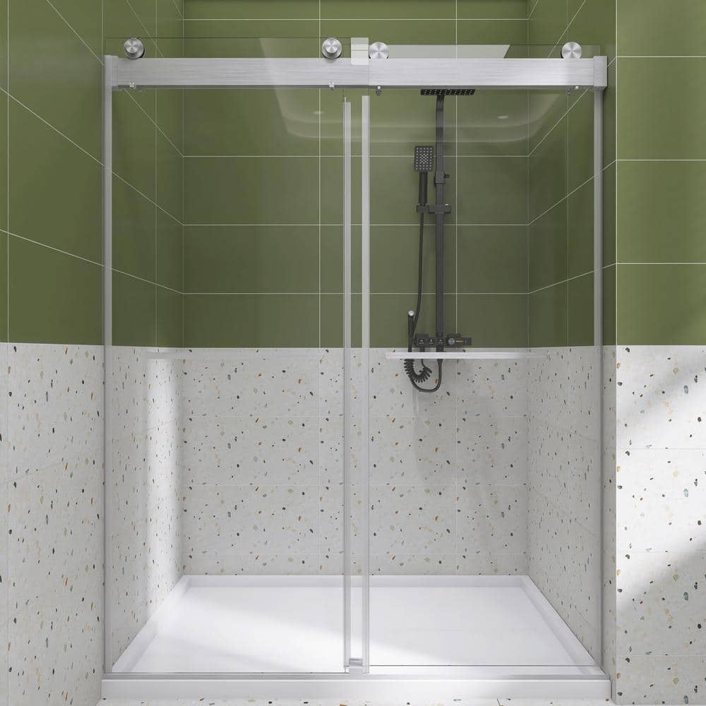 60'' Brushed Nickel Frameless Sliding Shower Door with Clear Glass