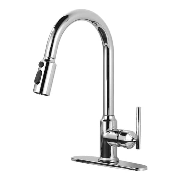 WOWOW Single Handle Deck Mount Gooseneck Pull Down Sprayer Kitchen Faucet with Deckplate Included in Polished Chrome