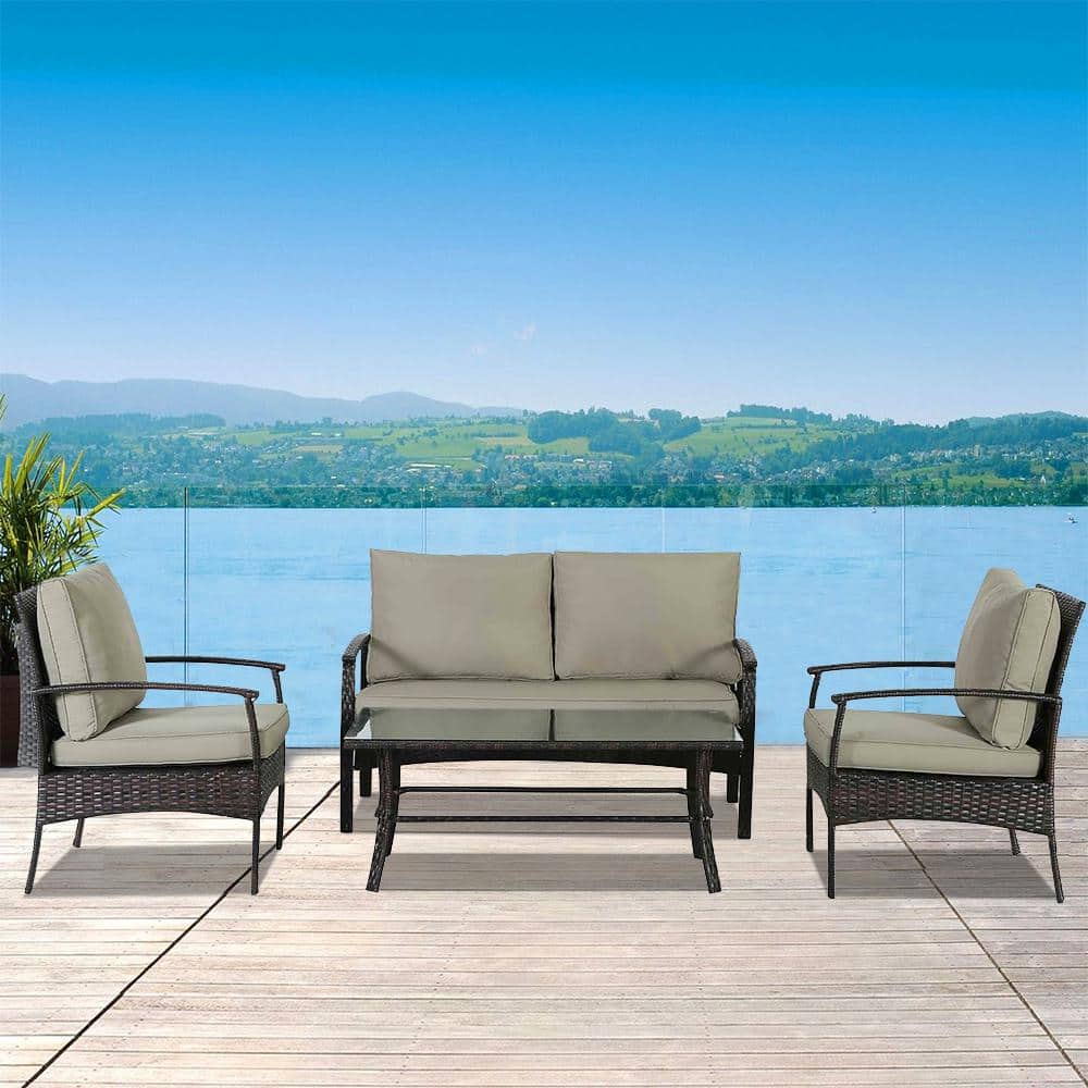 4-Piece Brown Wicker Outdoor Conversation Set with Large Table and Brown Cu
