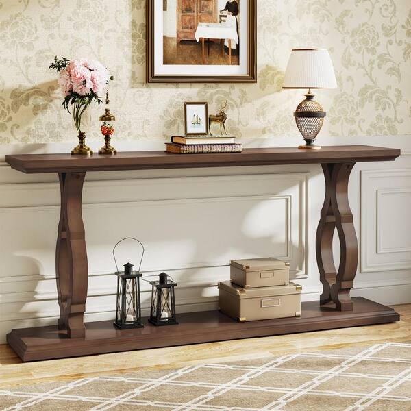 TRIBESIGNS WAY TO ORIGIN Benjamin 63 in. Brown Rectangle Wood Console Table  Long Sofa Table Behind Couch 2-Tier Entry Geometric Shape Entryway HD-F1815- WZZ - The Home Depot