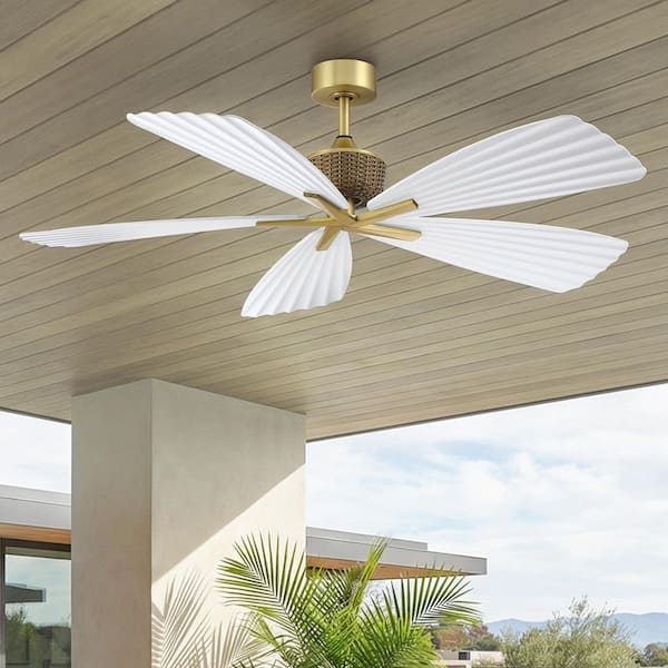 56 in. Gold Downrod Mount Leaf Outdoor Ceiling Fan with Remote Control, 5 White Blades, Wet Rated for Patios