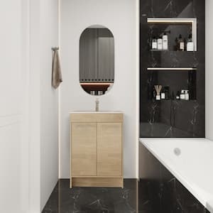 24 in. W Modern Elegant Freestanding Bathroom Vanity in Khaki with White Ceramic Sink, 2-Doors and 1-Shelf
