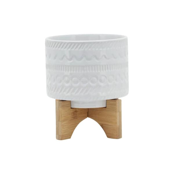 5 in. White Tribal Planter (with Wood Stand)