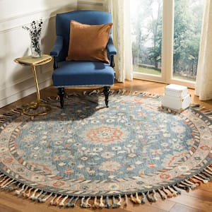Aspen Blue/Rust 7 ft. x 7 ft. Round Floral Striped Border Area Rug