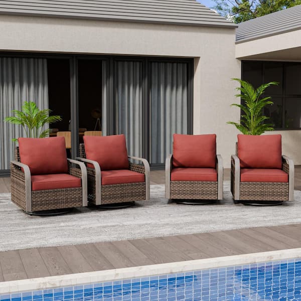 Outdoor Patio Swivel Brown Wicker Outdoor Rocking Chair with Red Cushion (4-Pack)