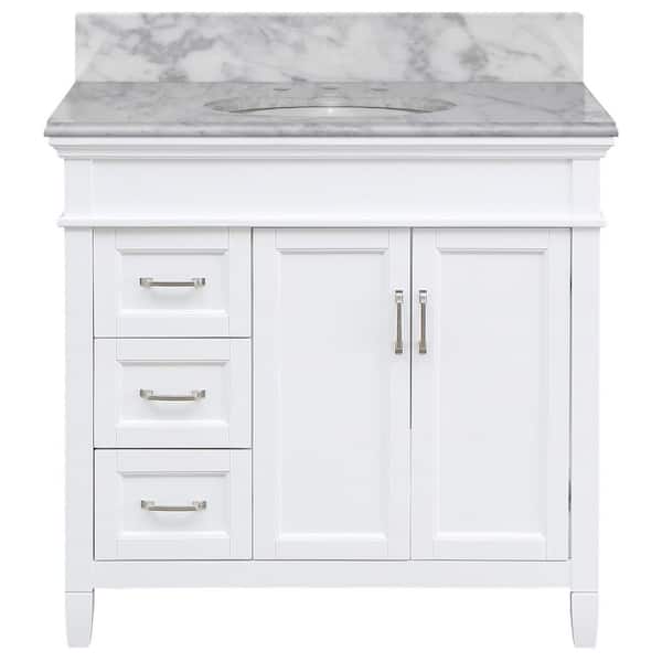 Home Decorators Collection Ashburn 37 in. W x 22 in. D x 35 in. H Single Sink Freestanding Bath Vanity in White with Carrara Marble Top
