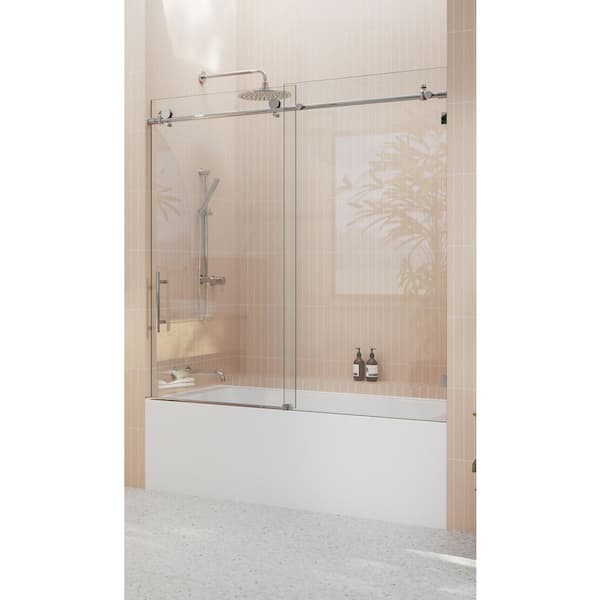 60 in. x 60 in. Frameless Bath Tub Sliding Shower Door in Chrome