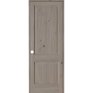 36 in. x 96 in. Knotty Alder 2 Panel Right-Hand Square Top V-Groove Grey Stain Solid Wood Single Prehung Interior Door