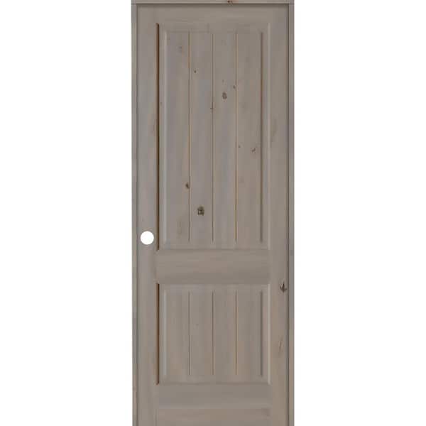 Krosswood Doors 36 in. x 96 in. Knotty Alder 2 Panel Right-Hand Square Top V-Groove Grey Stain Solid Wood Single Prehung Interior Door