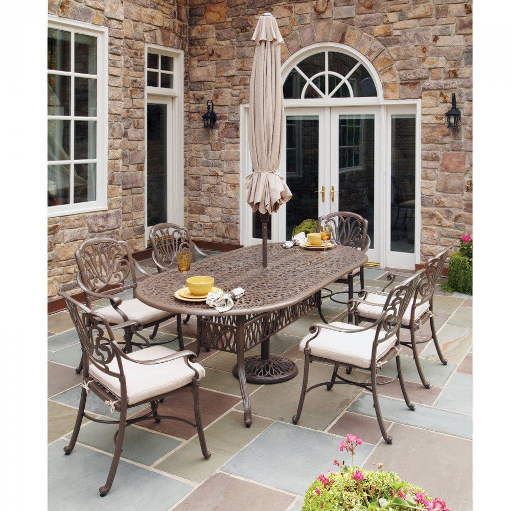 Capri Taupe Cast Aluminum Outdoor Dining Table with Umbrella Hole