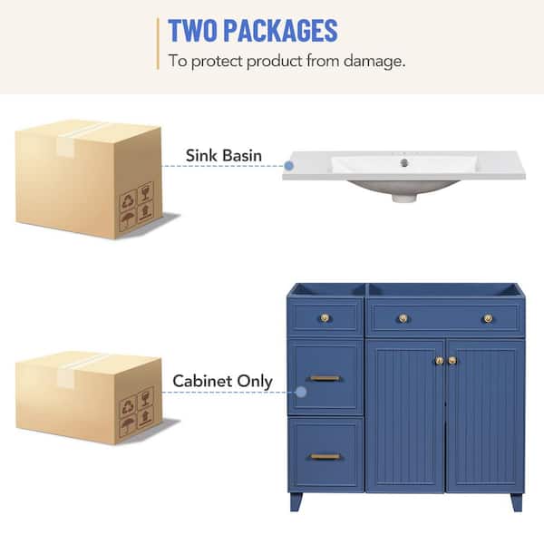 36 in. W Single Sink Bath Vanity in Navy Blue with White Solid Surface Top, 2 Drawers and 1 Adjustable Storage Shelf