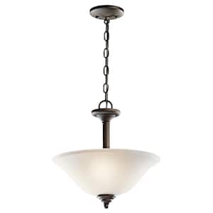 Wynberg 15.25 in. 2-Light Olde Bronze Transitional Shaded Kitchen Convertible Pendant Hanging Light to Semi-Flush