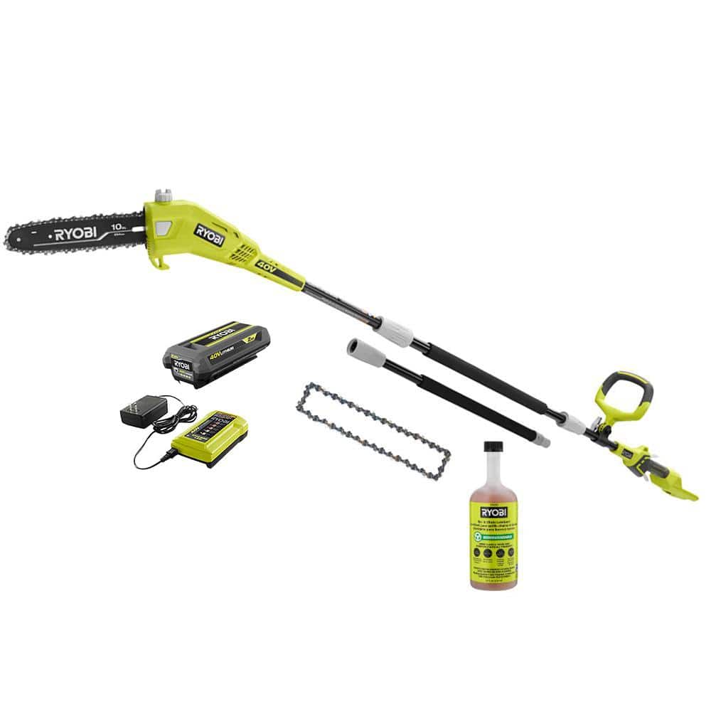 RYOBI 40V 10 in. Cordless Battery Pole Saw, Extra Chain and Oil with 2.