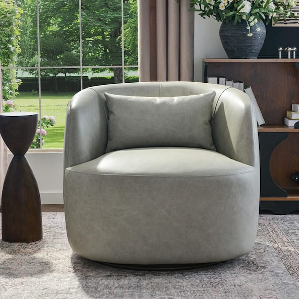 Light Gray Genuine Leather Swivel Barrel Armchair