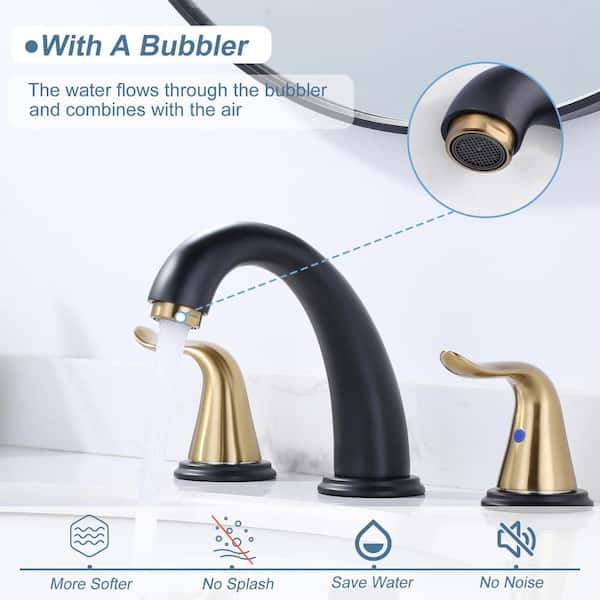 Double Handles Black and Gold 8 in. Widespread Bathroom Faucet, with Pop Up Drain