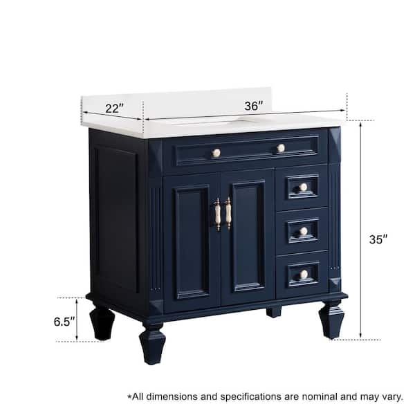 Combo 36 in. Single Sink Solid Wood Freestanding Navy Bath Vanity with Carrera White Quartz Top Assembled, with Cabinet