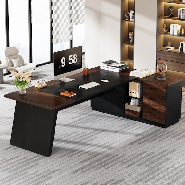 Capen 78 in. L Shaped Walnut and Black Wood Executive Desk with Lateral File Cabinet, Modern Computer Desk Home Office