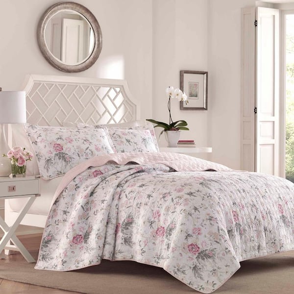 Laura Ashley Breezy Floral 2-Piece Pink and Gray Floral Cotton Twin Quilt Set