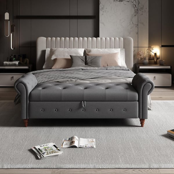 63 in. Dark Gray No-Tool Assembly Tufted End of Bed Bench with Storage, 500 lbs. Capacity