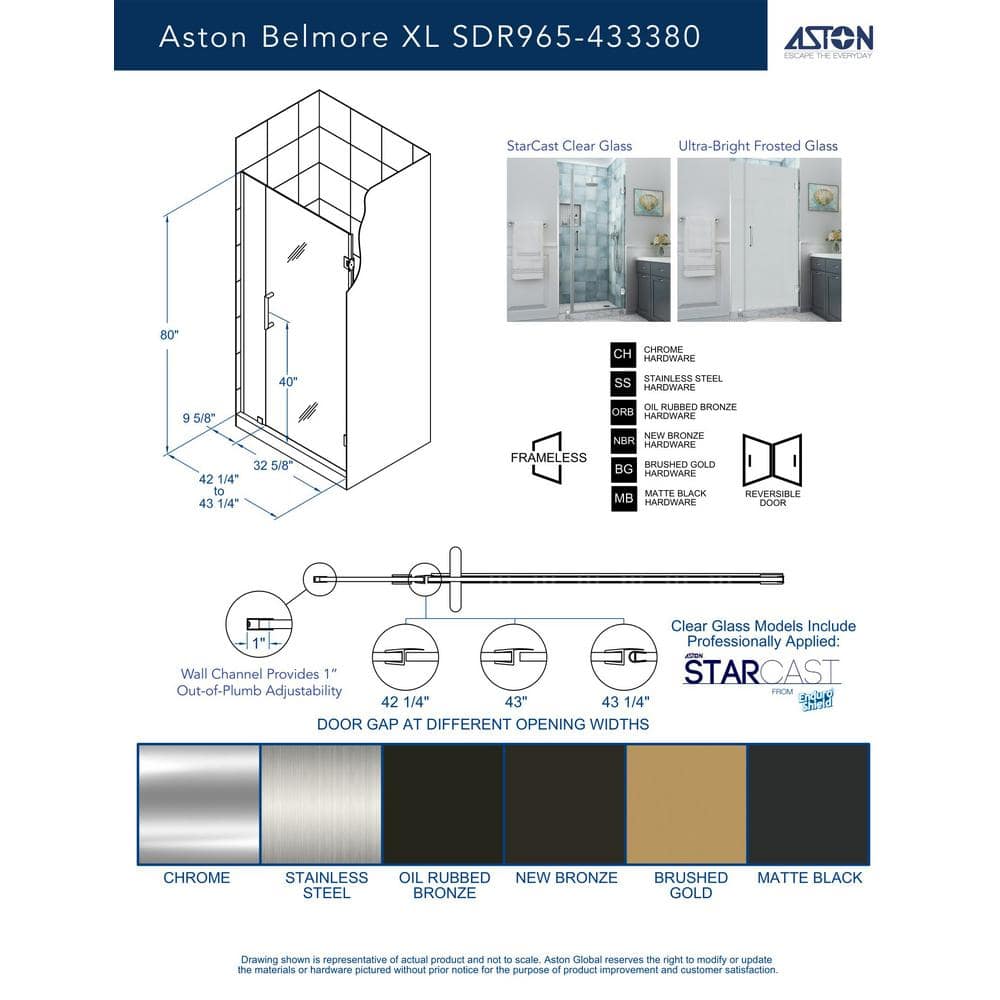 Belmore XL Matte Black Frameless Hinged Shower Door with Frosted Glass