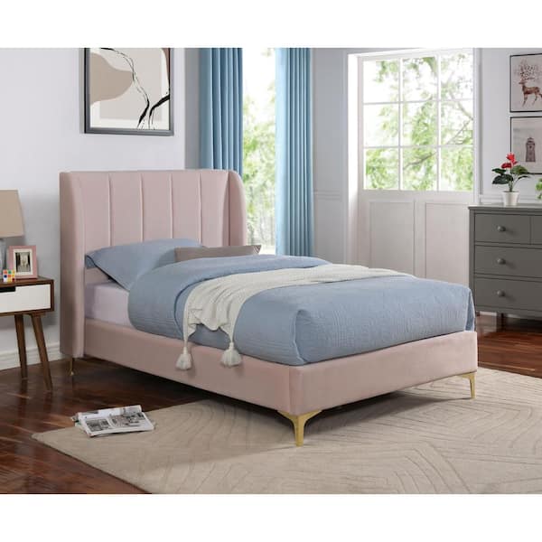 Furniture of America Sandia Crest Light Pink Metal Frame Twin Platform Bed with Wing-back Headboard and Care Kit