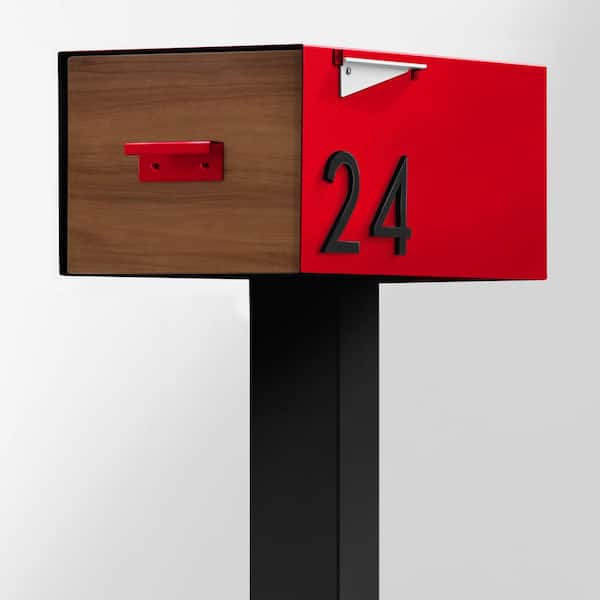 The Malone Color Series-Large Red Malone Post Mounted Mailbox with Black Post and Sublimated Wood Door