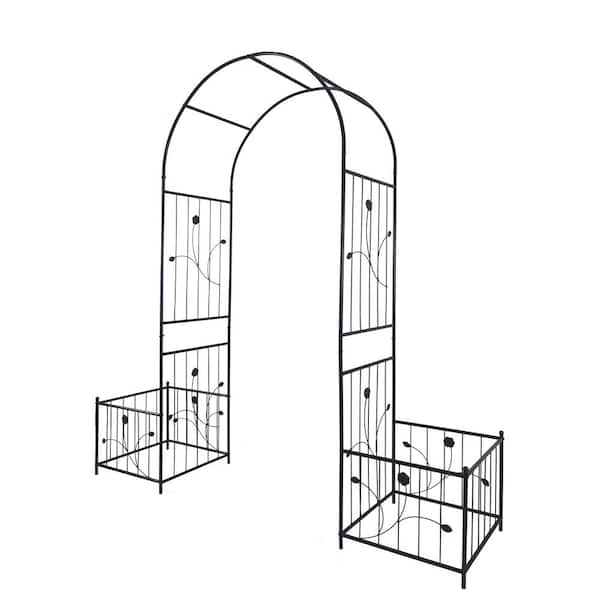 86.6 in. x 80 in. Metal Garden Arch Arbor with 2 Plant Stands, Climbing Plants Support, Outdoor Party Events Arch, Black
