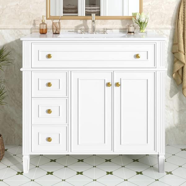 36 in. W x 18 in. D x 34 in. H Bath Vanity in White with White Ceramic Top and Tilt-out Drawer