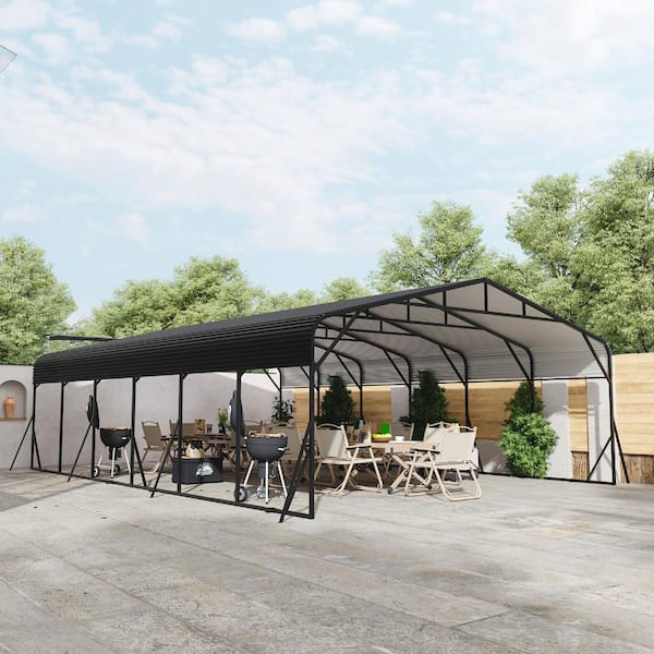Black 20ftX30ft Heavy Duty Car Port Galvanized Steel Roof Reinforced Stable Triangle Frame for Car