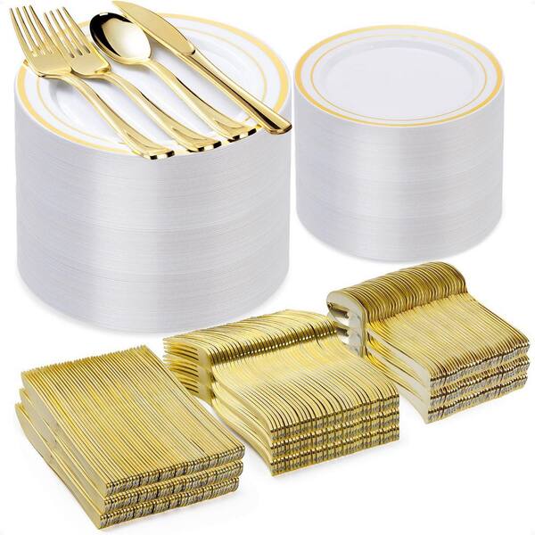 Gold Plastic Dinnerware Set for 100 Guests, 600-Piece Disposable Plates, Forks, Spoons and Knives