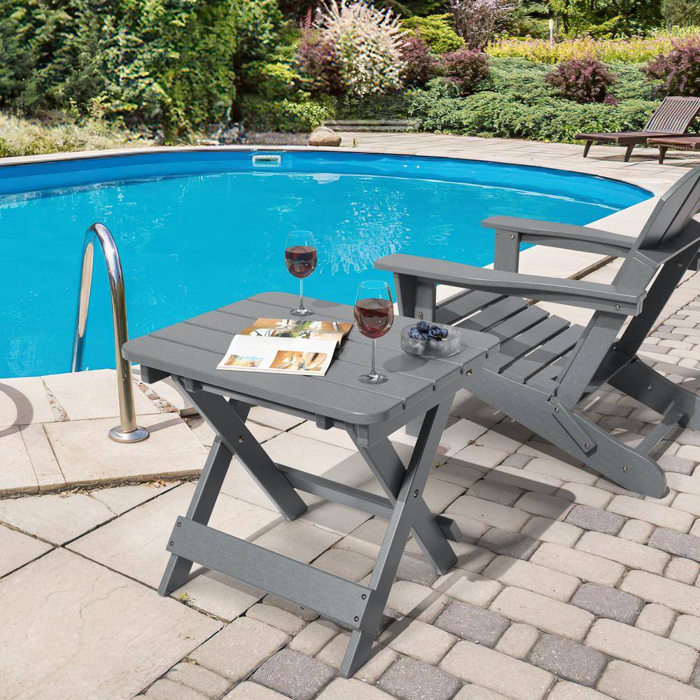 Gray HDPE Folding Outdoor Side Table with Slatted Top