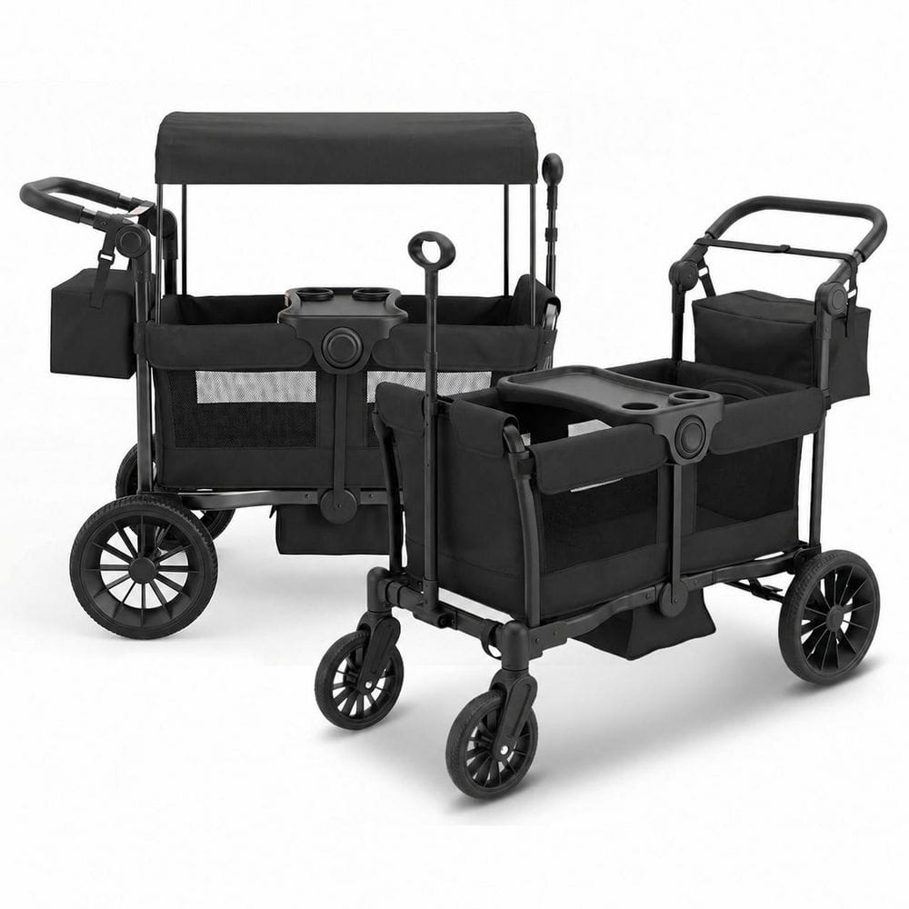 2-Seater Stroller Wagon Foldable with Removable Canopy, All Terrain Tires, Storage Bag, Push Pull Handle