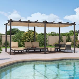 12 ft. x 18 ft. Gray Aluminum Frame Outdoor Patio Pergola with Beige Retractable Sun Shade Canopy for Porch Garden Beach