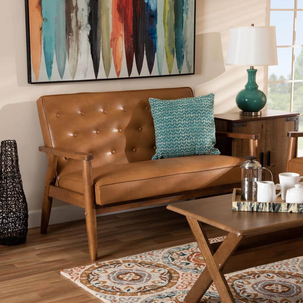 Tan Faux Leather Walnut Brown Wood Loveseat